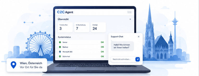 C2CAgent Support Dashboard mit Wien-Illustration